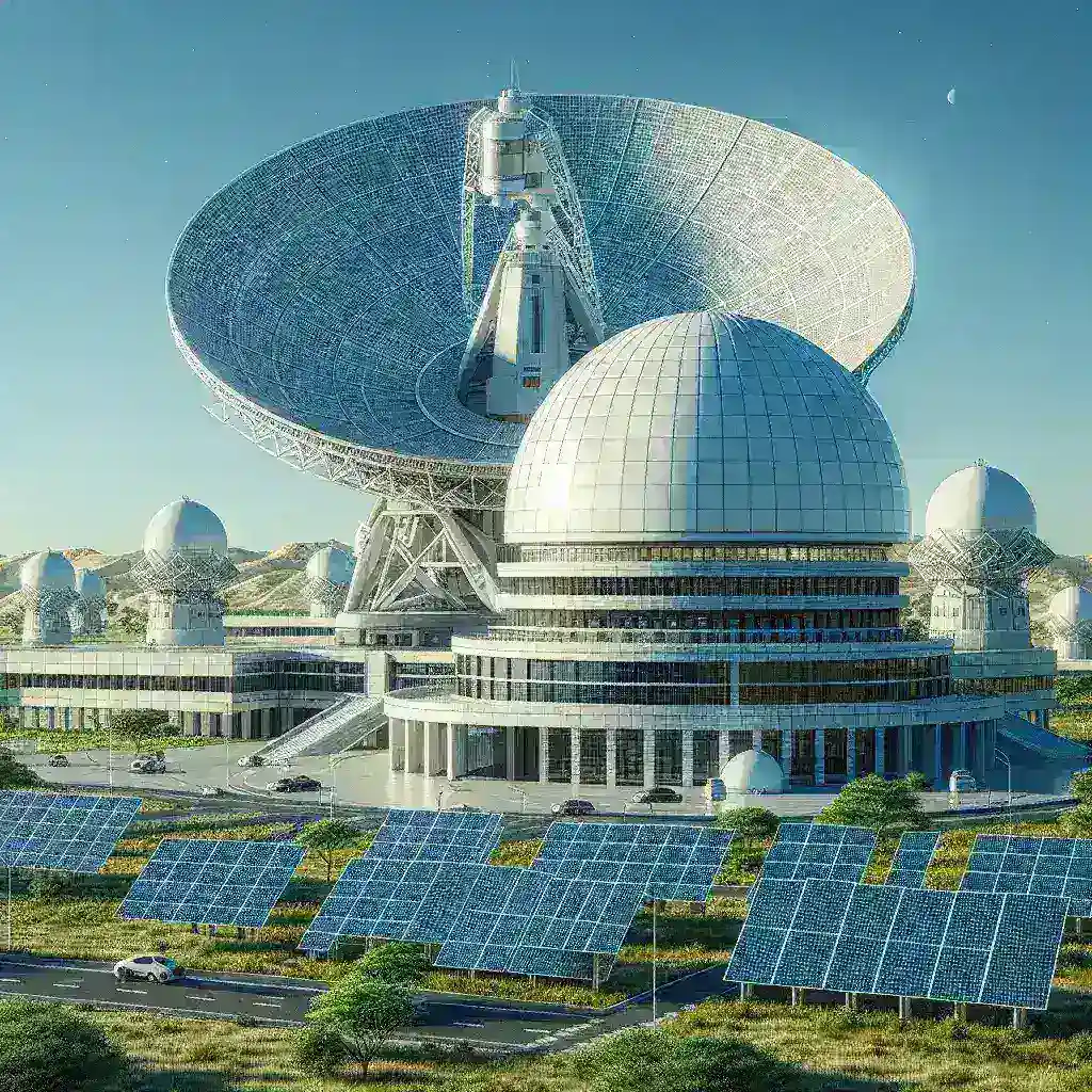 "Centro de Controle Avançado para Satélites Nacionais no Brasil, mostrando painéis de monitoramento e tecnologia de ponta para gerenciamento de satélites."
